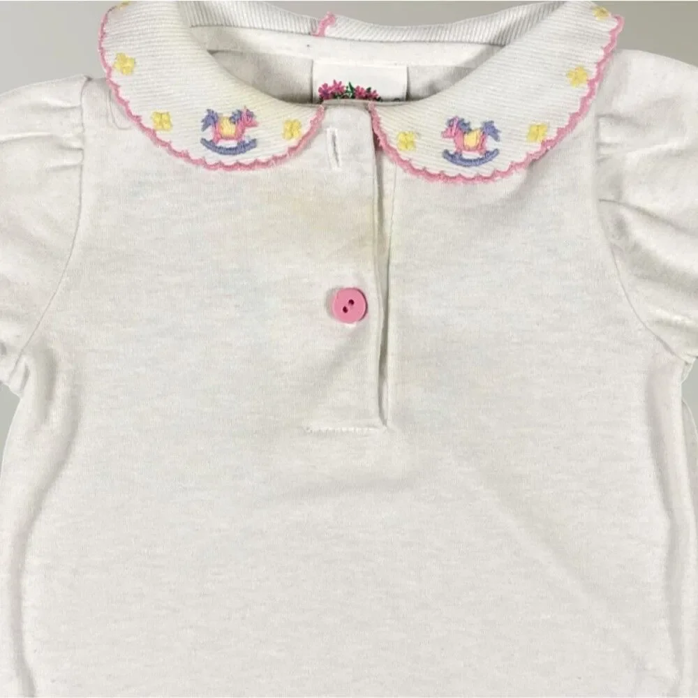 Vtg OshKosh Overalls & Shirt Pink Blue Rocking Horse Bows Vestbak Size 3-6 Mos